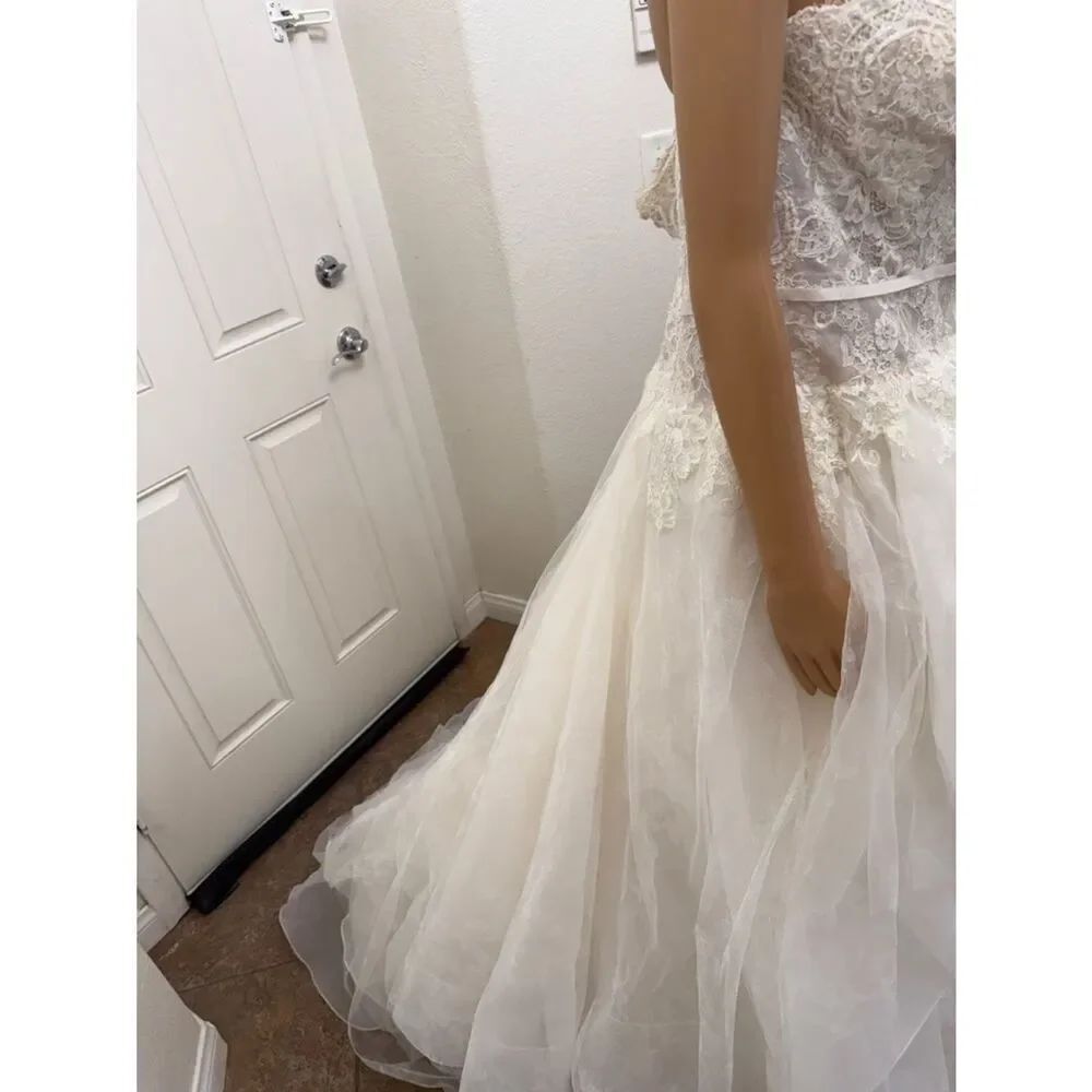 Oleg Cassini Size 16 W Ivystone White Strapless Lace Wedding Dress Layered Train - Picture 6 of 16